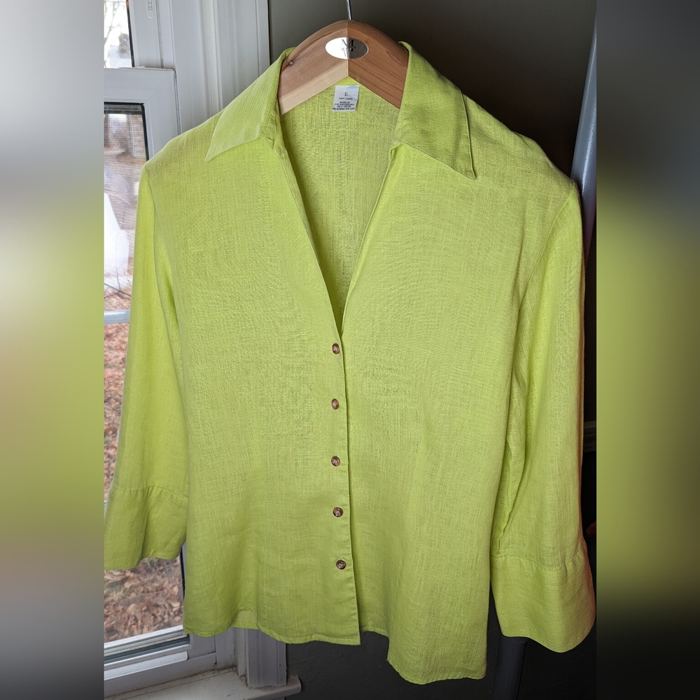 Vibrant Linen Lime Button-Up Blouse with turn back 3/4 sleeves